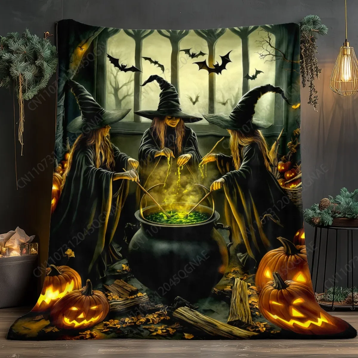 Custom Halloween Witches Brewing Potion Fleece Spooky Theme Flannel Throw Blanket For Halloween Party Decor Witch CauldronPumpki
