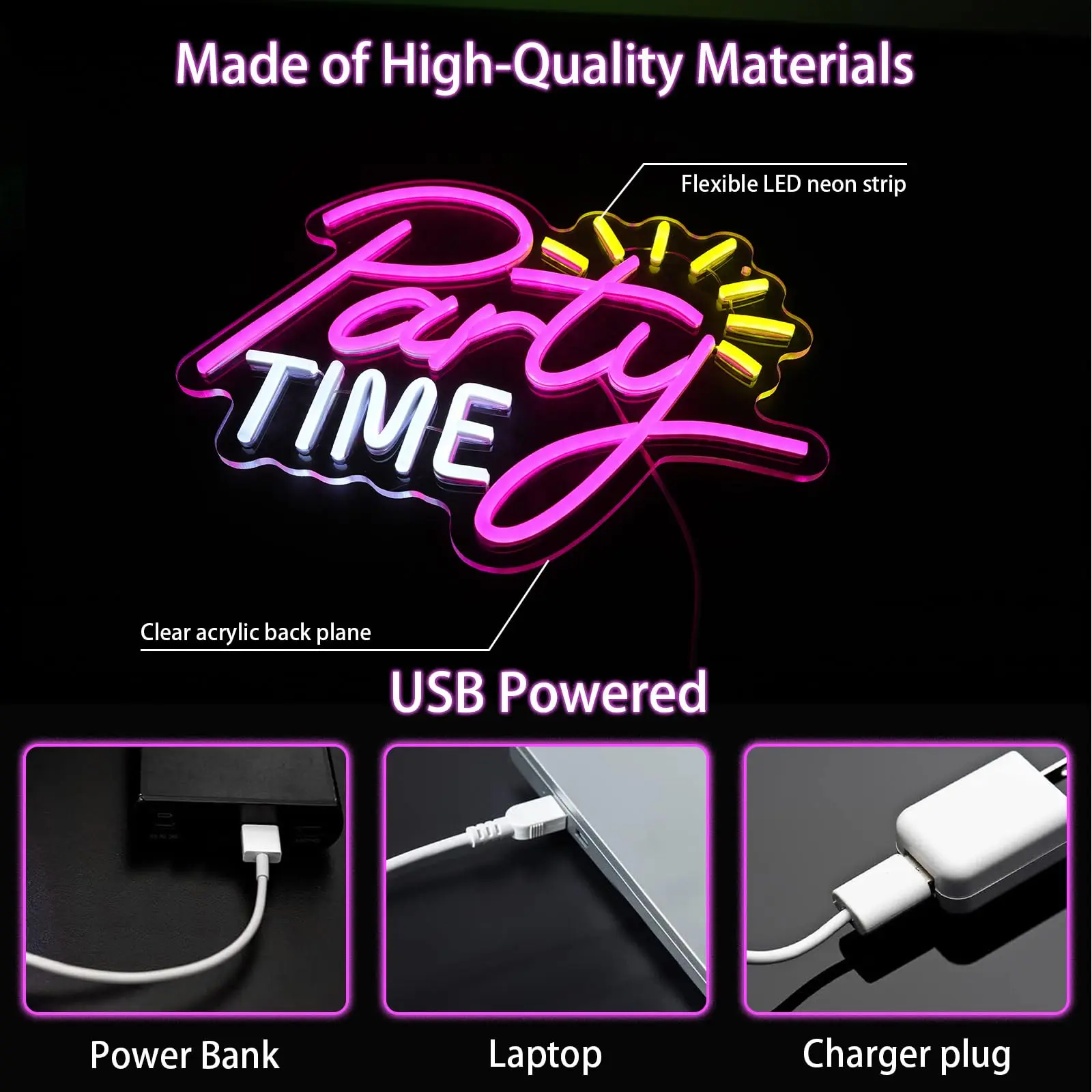 조광 가능한 USB 네온 사인 - LED 파티 타임 라이트 |   결혼식, 생일, 침실, 게임룸 장식에 이상적입니다 |   35x28cm |   빠른 배송