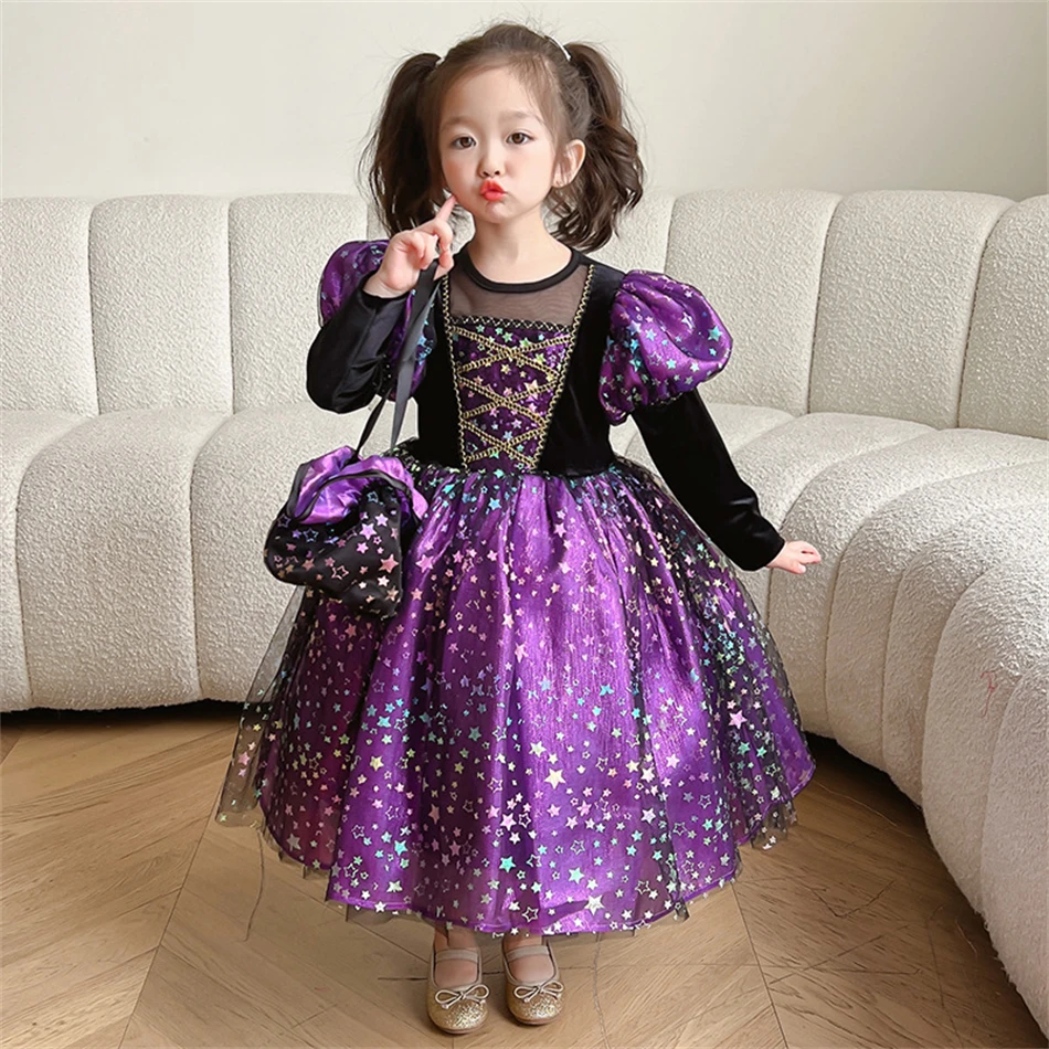 Girls Ball Gown Kids Purple Stars Print Christmas Carnival Birthday Party Costume Long Sleeves Dress Fluffy Mesh Deluxe Outfits