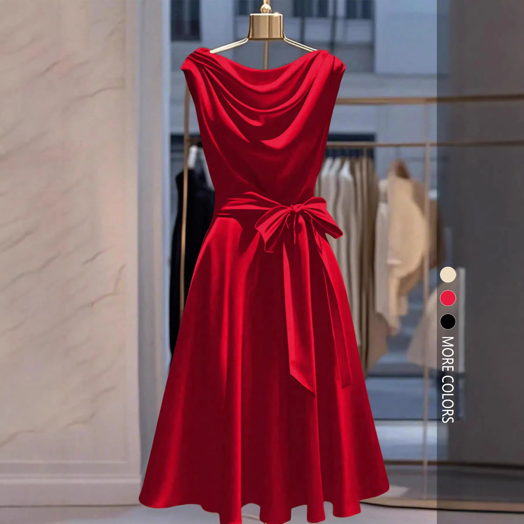 

Summer Fashion r Sleeveless Solid Color Casual Dresses Women's Summer New Elegant Waist Belted Female Party Red Dress