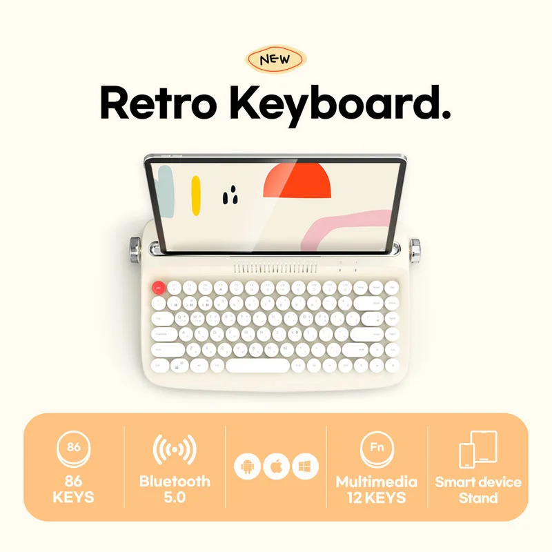 Yunzii Actto B303 Retro Keyboard Wireless Bluetooth Adjustable Bracket Design Cute Round Keycaps Office Typewriter Keboard