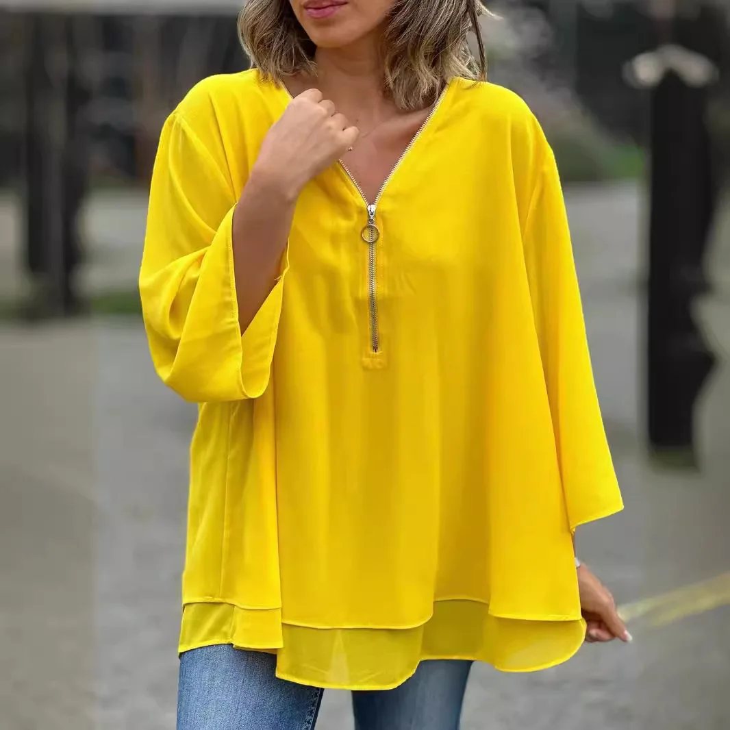

2025V Collar Seven-quarter Sleeve Casual Chiffon Top Metal Zipper Loose Casual Top Europe and America