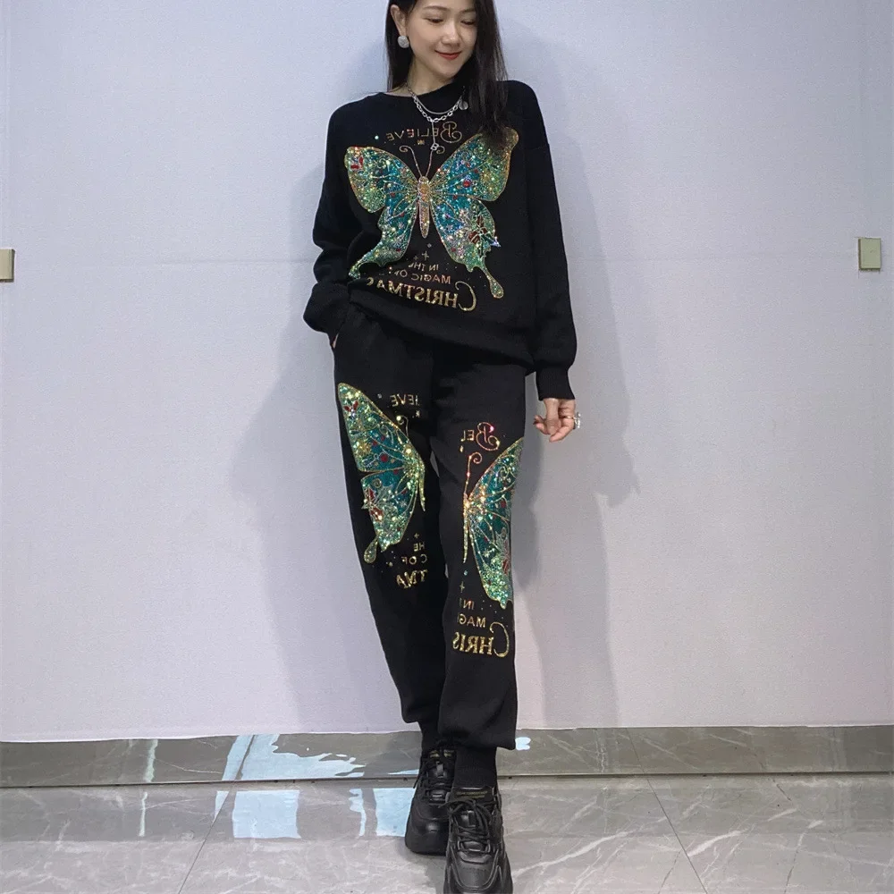 

2026 Autumn Two Piece Sets Womens Outifits Fasshion Butterfly Pattern Diamonds Knitwear Casual Long Pants Suits Костюм Женский