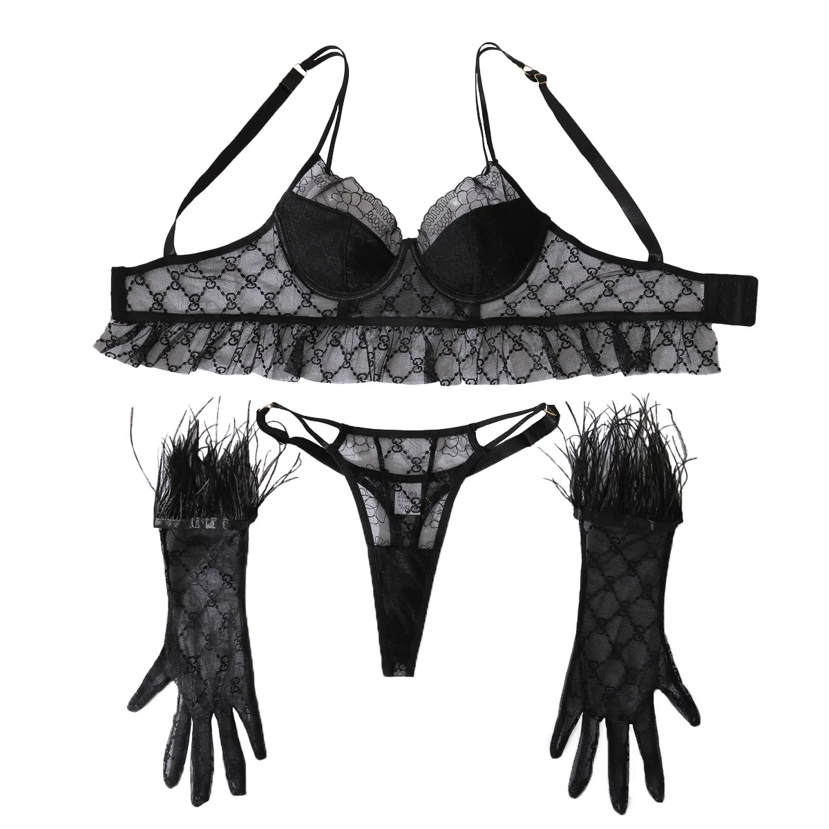 

Женский сексуальный и романтический костюм, черный комплект с прозрачной кружевной отделкой, комплект нижнего белья для похудения и сексуального нижнего белья с перьями