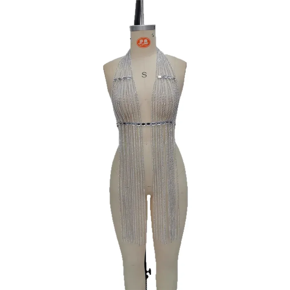 European And American Summer Transparent Crystal Gemstone Pendant Tassel Necklace Chest Chain Deep V Long Dress Metal Body Chain