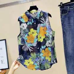 Flower Floral Printing Polo-Neck Single Breasted Sleeveless Vest Women's Blouse Shirt Korean Fashion Female Clothing Tops 2024