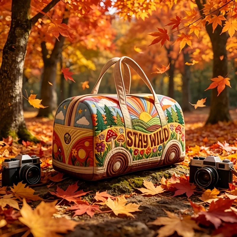 

70s Retro Travel Bag, Hippie Boho Quilted Camper Van Duffle Bag, Floral Mushroom Weekender Bag for Women