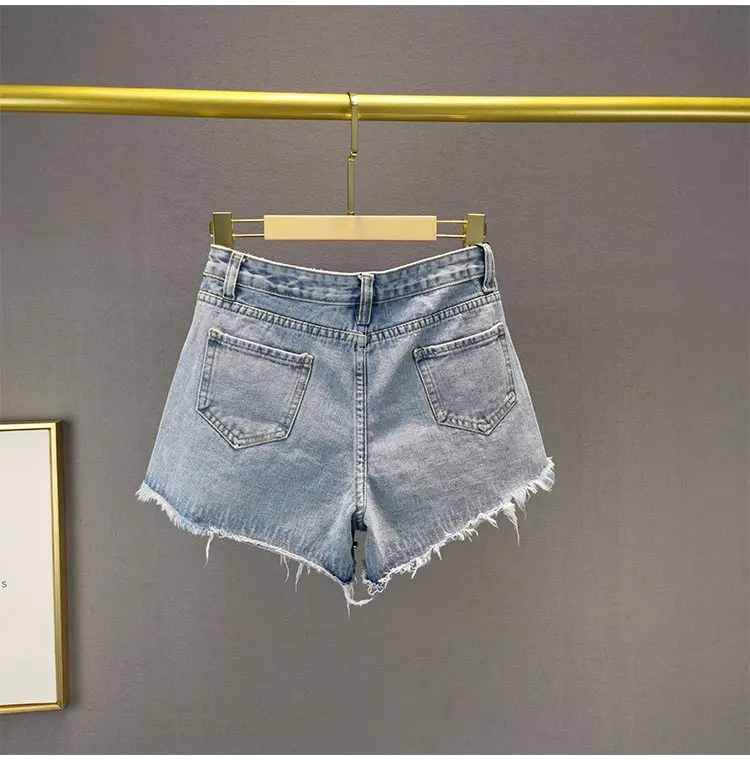 New Heavy Embroidery Diamond Drills Denim Shorts Women's New Blue Color High Waist Raw Hem A-line Pants Slimming High-End Shorts