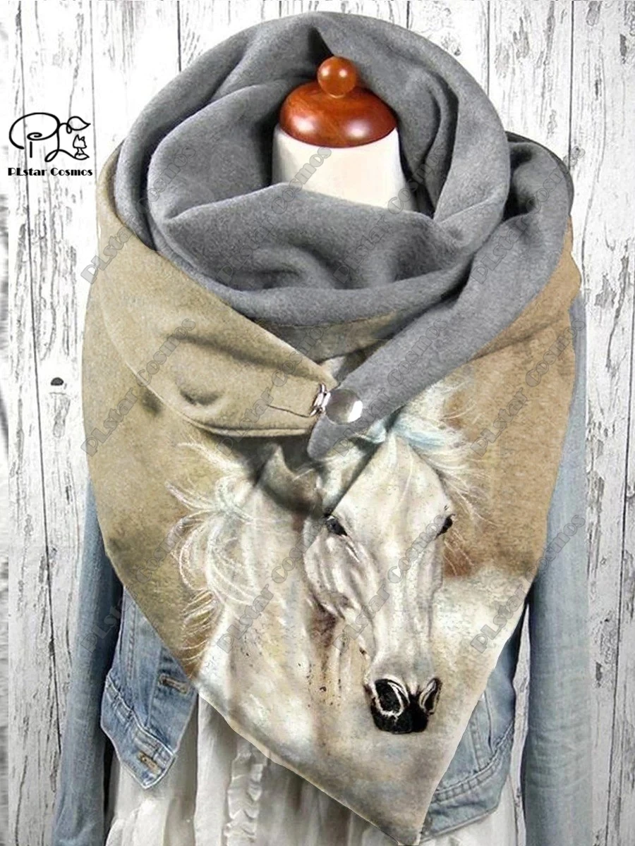 3D printed animal series cute fox horse elk giraffe pattern warm shawl scarf spring and winter large triangle scarf casual gift