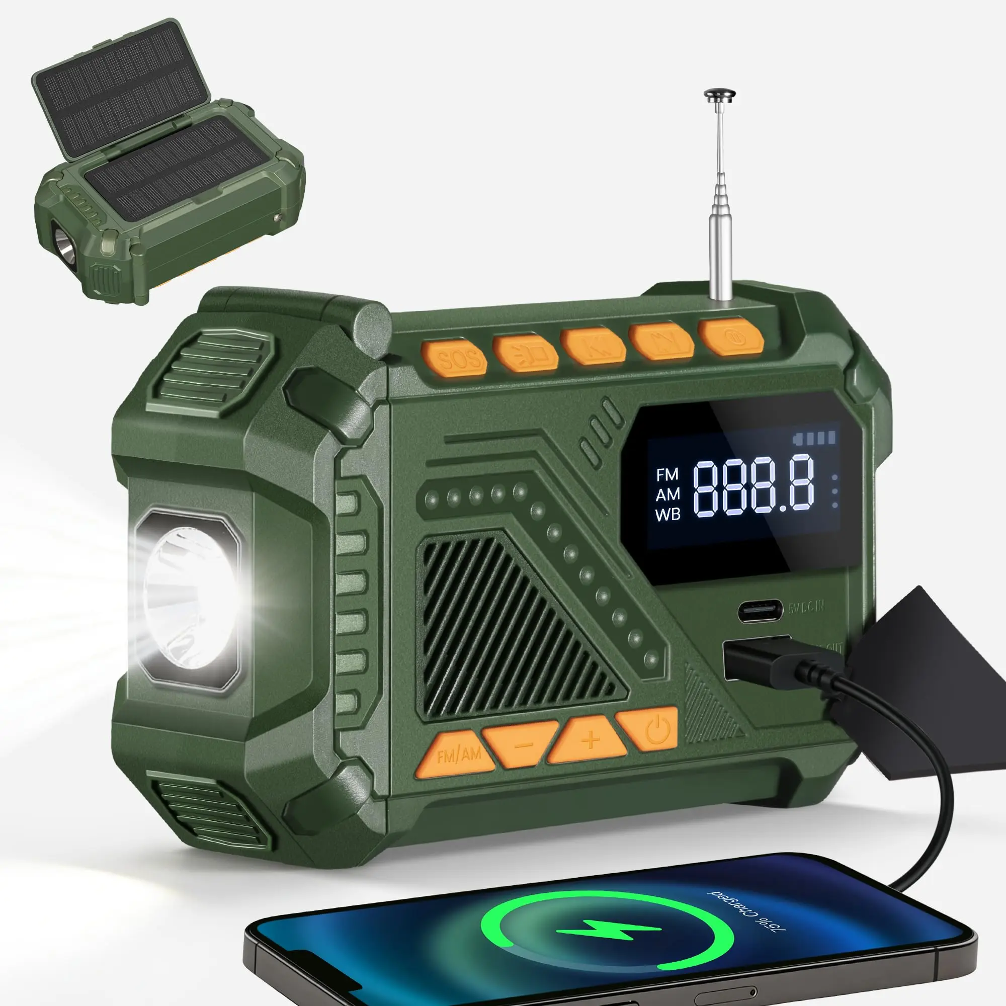 H30 Outdoor Emergency Solar-Powered Weather Radio, supports FM/AM/WB bands, with a hand-crank reading light and flashlight