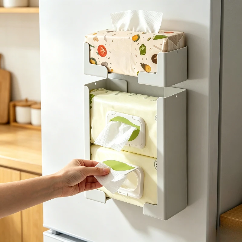 Movable Magnetic Fridge Tissue Box, Kitchen Wet Wipes Integrated Storage Holder, Wall Mount Side Napkin Container
