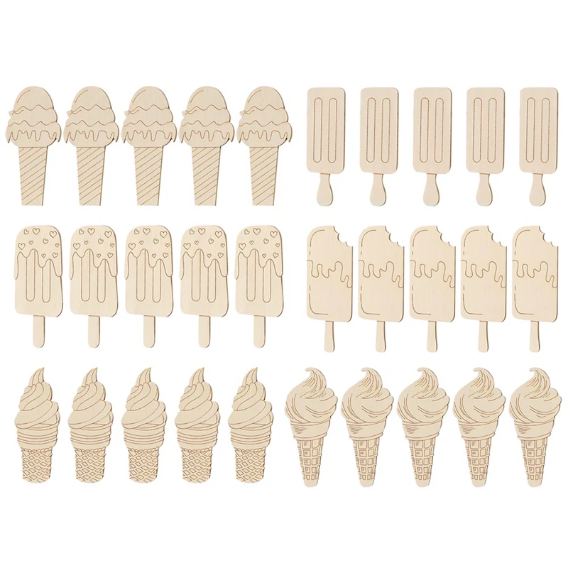 1Set Unfinished Ice Cream Wood Cutouts Summer DIY Wood Cutouts Ice Cream Wood Slices For Crafts Ice Cream Wooden Decor