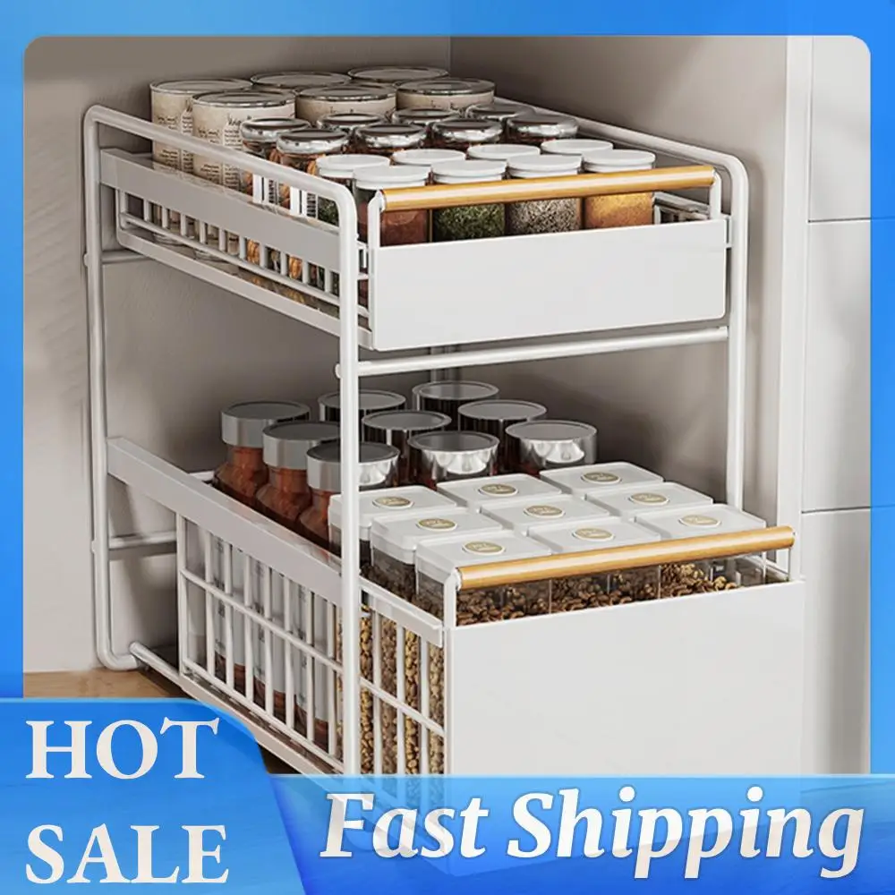 

Двухуровневый выдвижной органайзер для шкафа, вместительная полка для хранения под раковиной, корзина-ящик для ванной комнаты, спальни, косметики