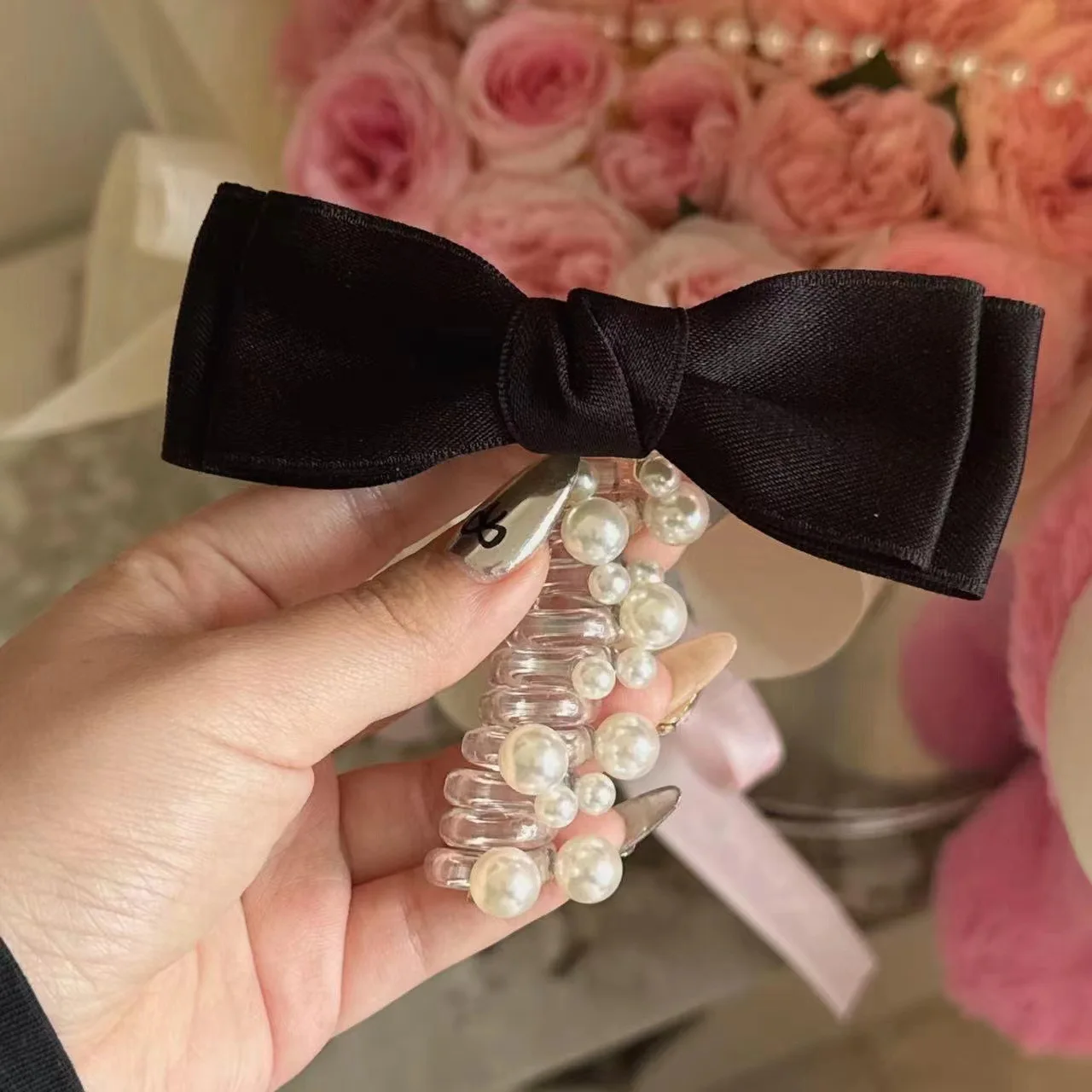 Sweet Elastic Spiral Shining Pearl Telephone Wire Hairband Bowknot Ponytails Braid Head Rubber Hair Tie Rope Women Accessories