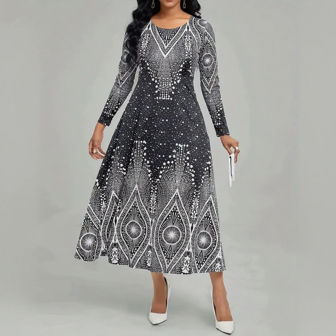 

2025 Autumn Elegant Women's Dresses Round Neck Long Sleeve Design Midi Star Polka Dot Pattern Fashion Women's Clothing