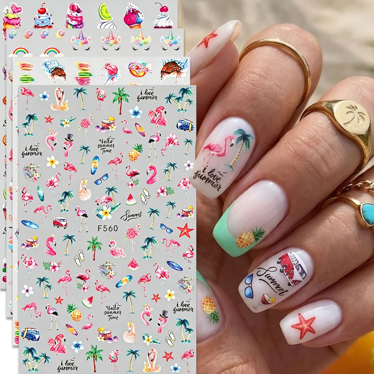 4pcs Summer Sweet Nail Art Stickers Watercolor Flamingo Tropical Palm Ice Cream Donut 3D Self-Adhesive Decals DIY Manicure Decor
