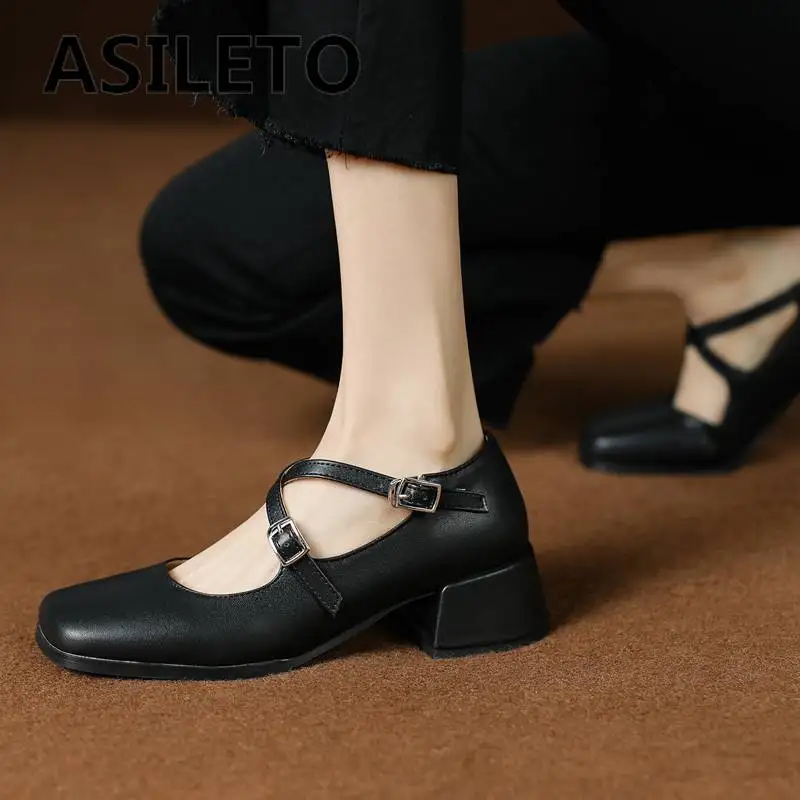 ASILETO Ladies Pumps Square Toe Chunky Heels 4.5cm Crossover Buckle Strap Shallow Elegant Daily Shoes For Women Big Size 44 45