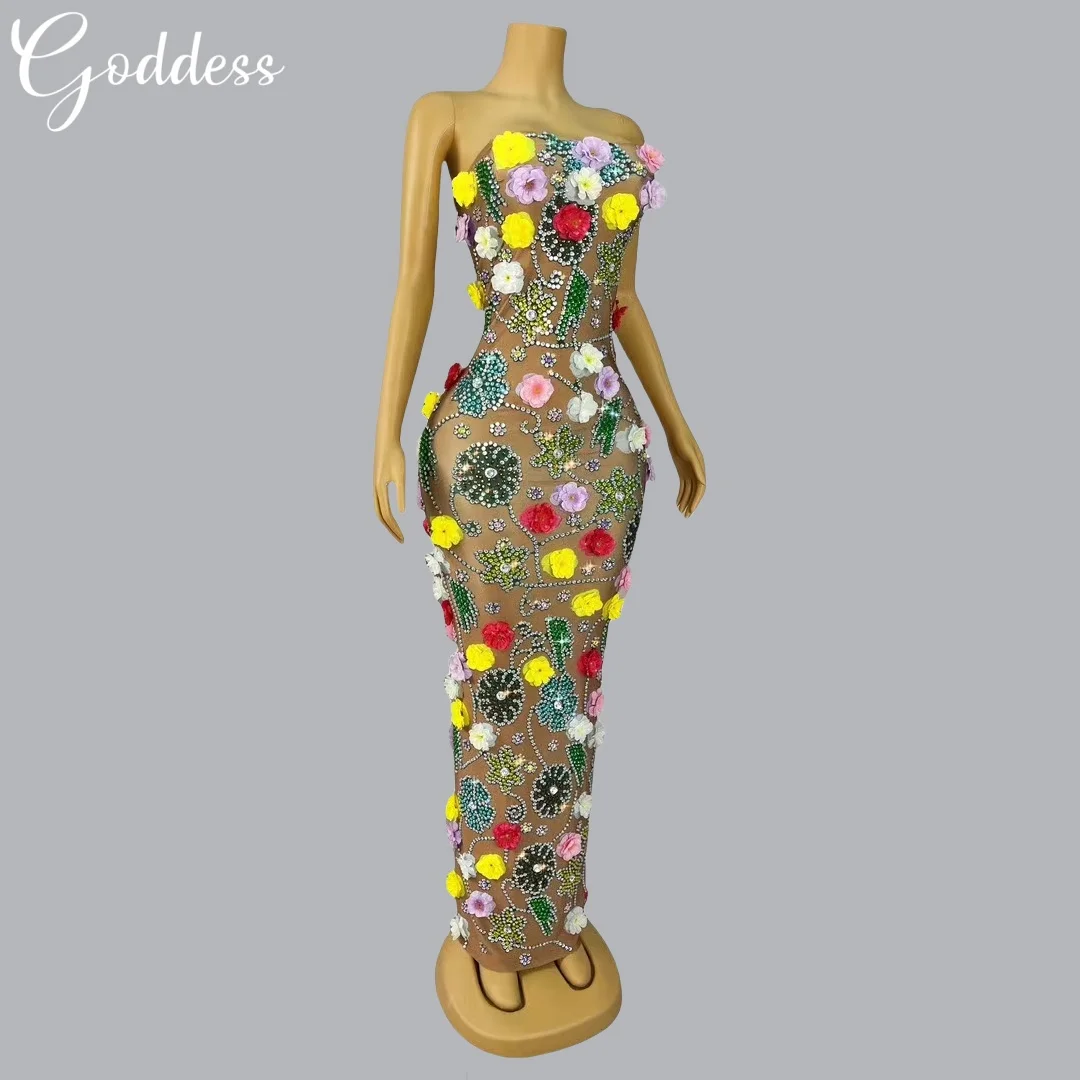 Sparkling Rhinestone Flower Dinner Party Dress Club Banquet Maxi Dress Fancy Glitter Dress Birthday Party Dance Sexy Long Dress