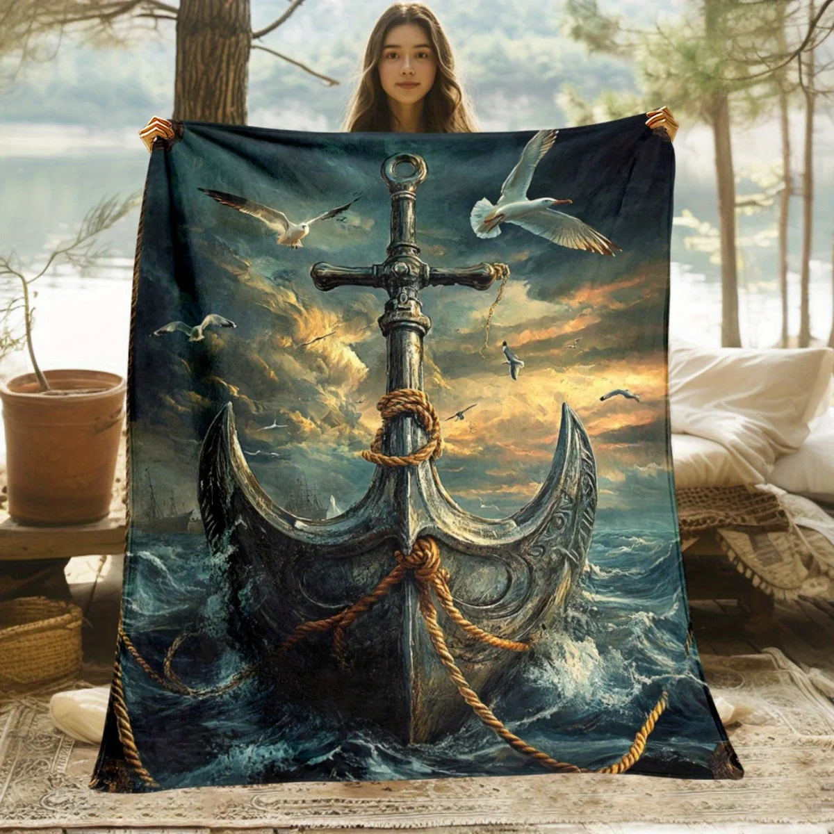 1pc Ship on Stormy Sea Blanket- Lightweight Flannel Throw for Sofa, Outdoor, Camping, Livingroom, Office, Chair, and Bed - Digit