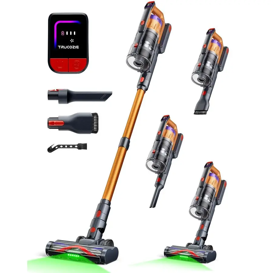 مكنسة كهربائية للمنزل، مكنسة كهربائية مطورة بقوة 60 كيلو باسكال لشعر الحيوانات الأليفة مع وقت تشغيل 70 دقيقة، ضوء LED أخضر للأرضيات الصلبة