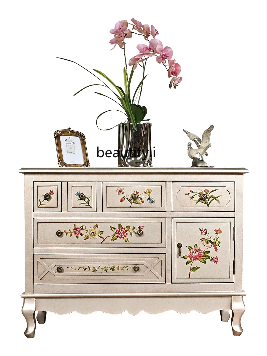 

American Country Champagne Chest of Six Drawers Home Partition Retro Painted Curio Cabinet