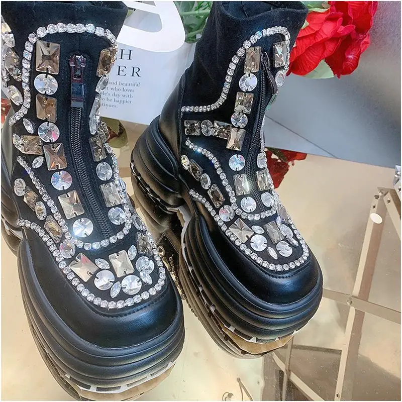 Luxury Punk Design Bling Rhinestones Crytal Beaded Women Fashion Ankle Boots Platform Thick Bottom Casual Shoes Female Footwear