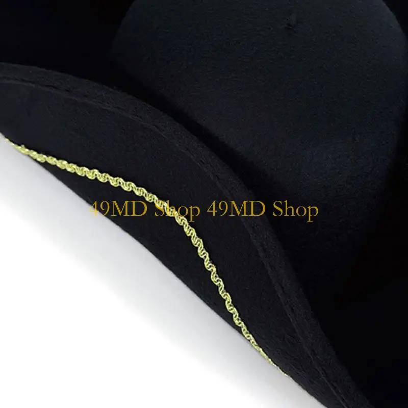 49MD Fabric Pirate Captain Hat Elegant Gold Silk Thread Trim Tricorn Hat For Theme Event Cosplay Halloween Party Costume