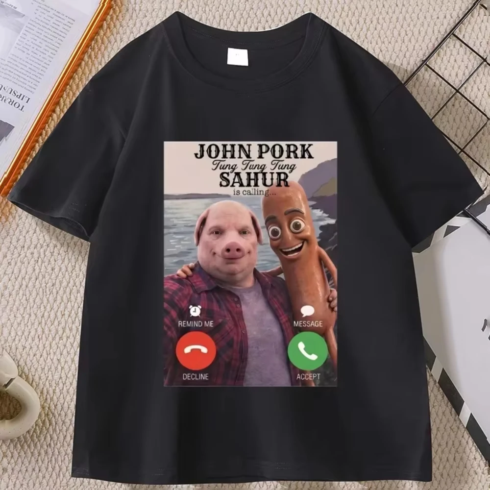 2026 John Pork Funny Sahur Calling Meme Graphic T-shirt Unisex Oversized Cotton Short Sleeve Internet Meme Casual Tee