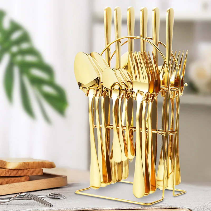 

Stainless Steel Tableware 24 Pieces Gold-painted Paint Wide Blade Steak Knife Fork Spoon With Storage Rack Gift Box Set