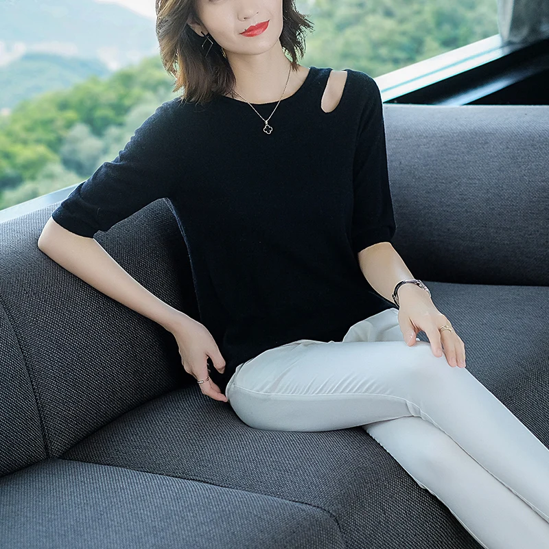 

Women's 100% Wool Cashmere Tees New 2022 Spring Off Shoulder Knit T Shirts Elegant Half Sleeve Ladies Pure Wool Blouse Tops