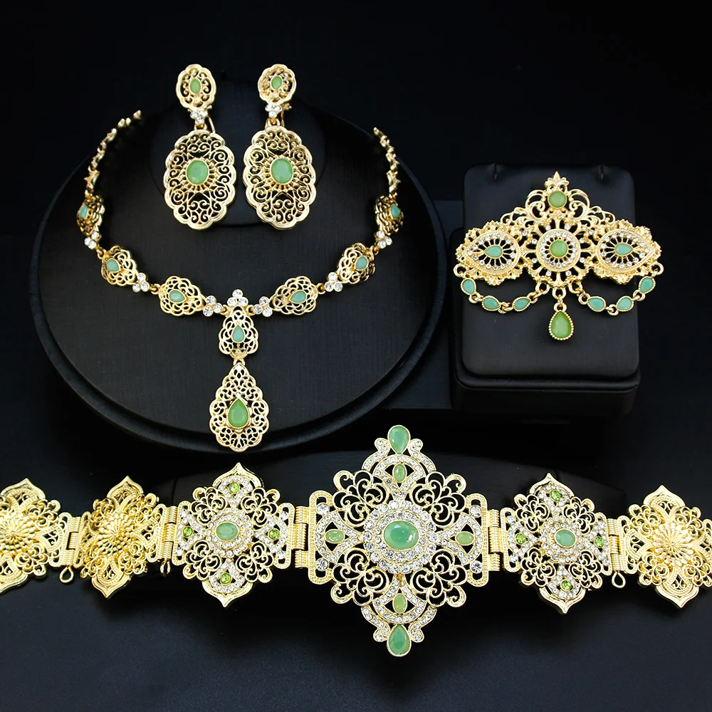 

Neovisson Moroccan Fashion Style Jewelry Sets Caftan Belt Crystal Brooch Choker Necklace Round Drop Earring Jewelry Love Gift