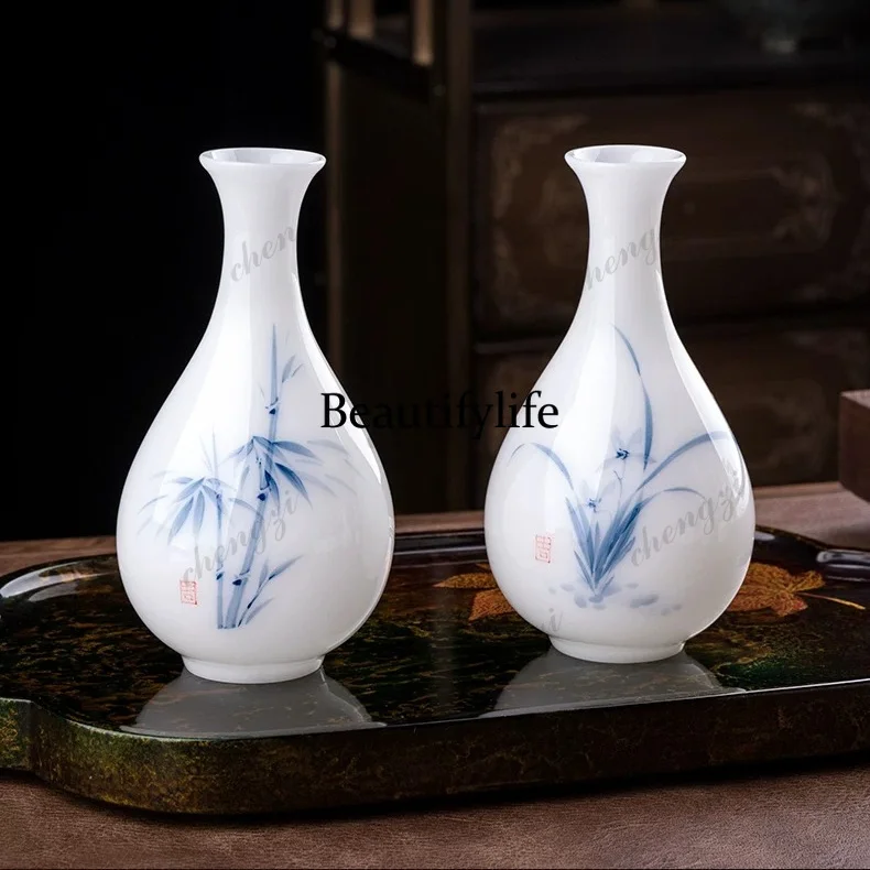 New Chinese ceramic hand-painted orchid vase living room tea room desktop flower arrangement decorative ornament gift companion