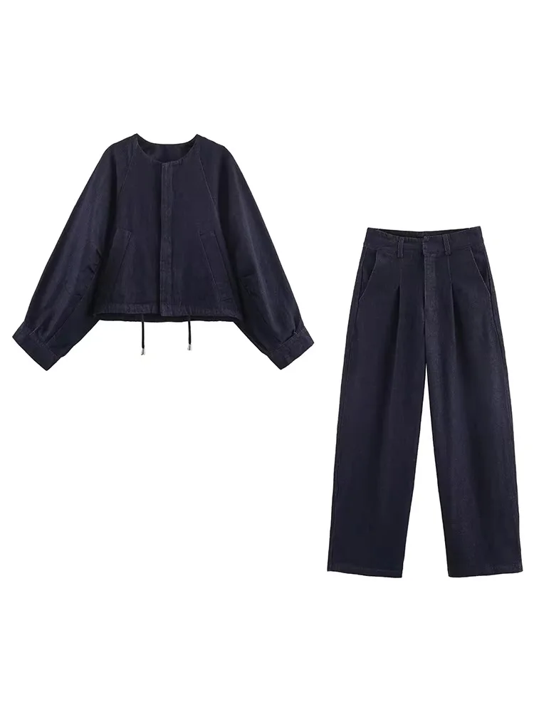 HH Women Fashion O-Neck Single-breasted Long Sleeve Drawstring Bomber Jacket+Summer Pocket Zipper Pleat Denim 2-Piece Set