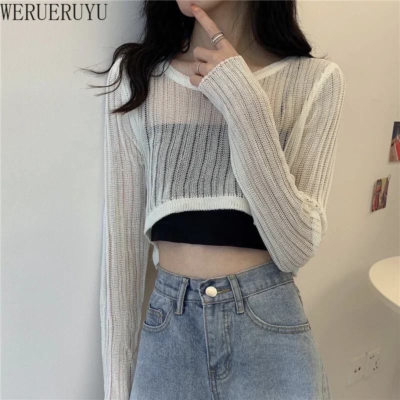 WERUERUYU Women Summer T Shirts Super Short Sexy Long Sleeve See Through Tops Solid Korean Style Clothes