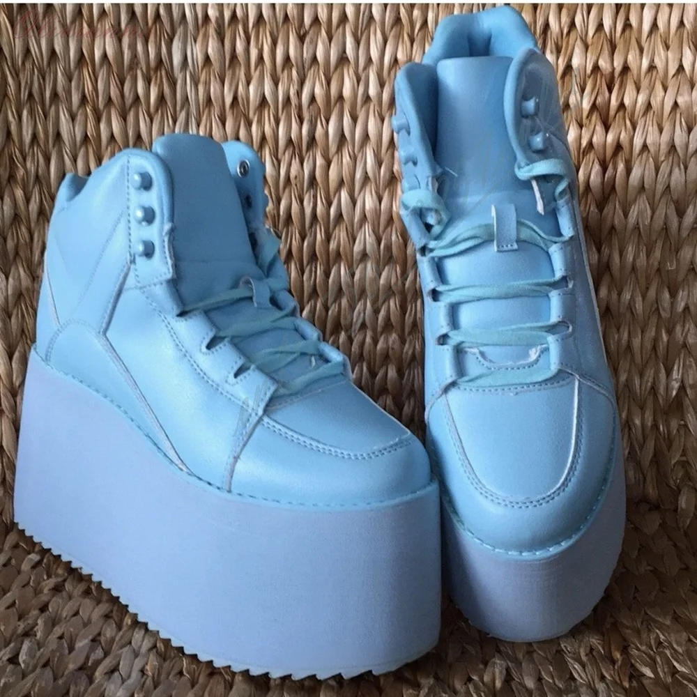 Hellblaue High-Top Plateau-Sneaker-Stiefel mit Schnürung vorne, runder Zehenkappe, dicke Sohle, Damenschuhe, Y2K Goth Street Casual Boots
