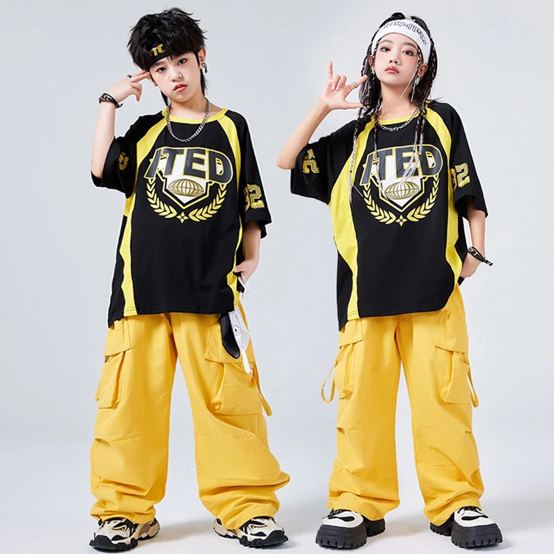 

Kids Hip Hop Dance Clothes Black T Shirt Yellow Pants Baggy Street Wear Short Sleeves Girls Boys Jazz Drum Show Clothing BL14415