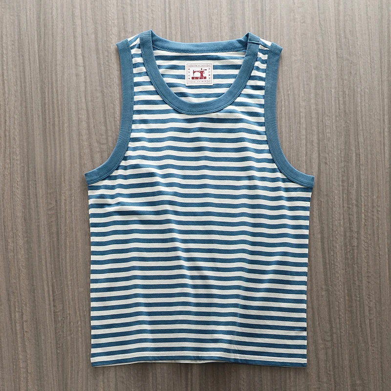 Amekaji Vintage Breton Striped Tank Top Summer Men Lightweight Cotton Color Block Crew Neck Loose Vest Sailor Sleeveless T-Shirt