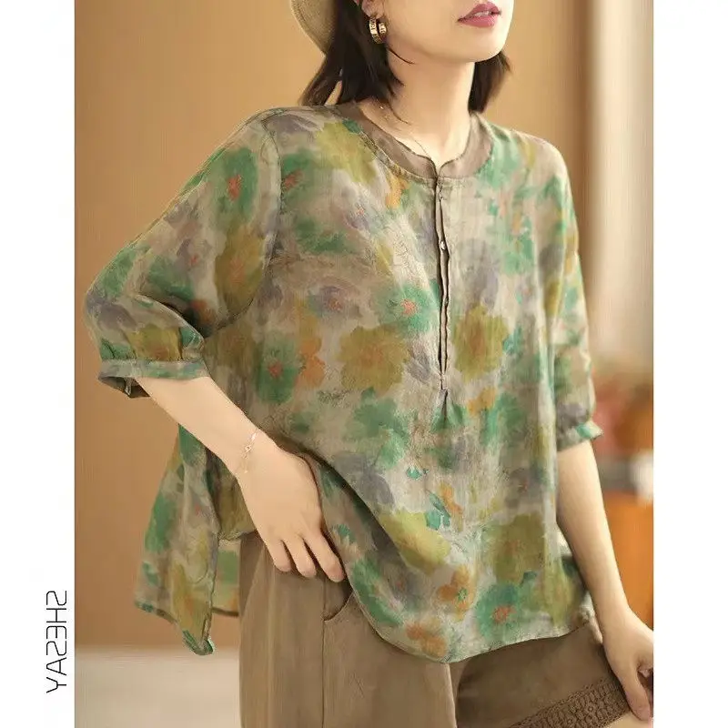 

Slimming Large Size Women's Cotton Linen Base Shirt Loose Print Color Block Casual T-Shirt Spring Summer New Style Commute Style