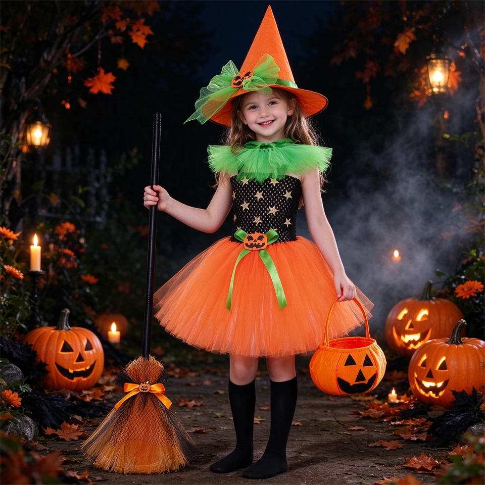 Fancy Girl Orange Pumpkin Witch Tutu Dress Halloween Cosplay Fairytale Masquerade Children's Costume Carnival Party Kids Clothes