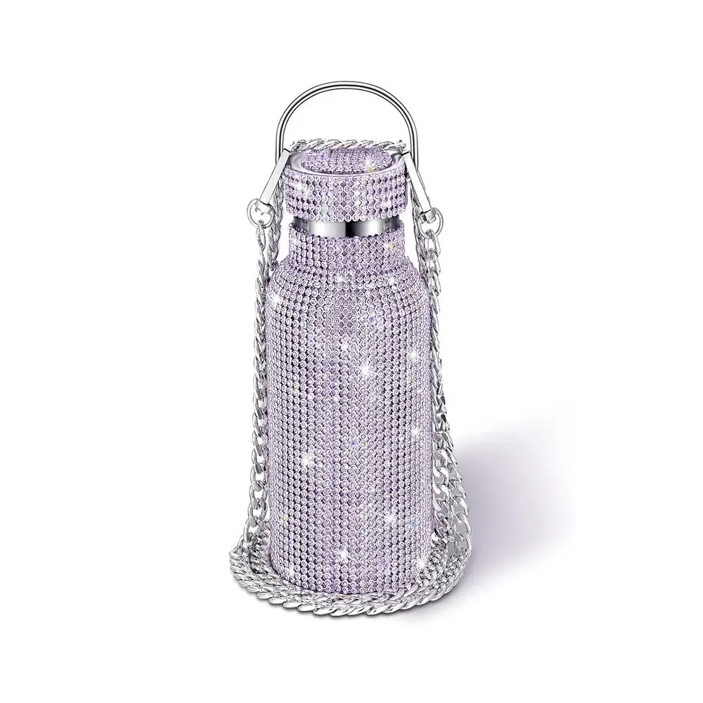 Botella de agua térmica deslumbrante con diamantes de imitación, vaso con purpurina recargable de acero inoxidable, cadena a pru