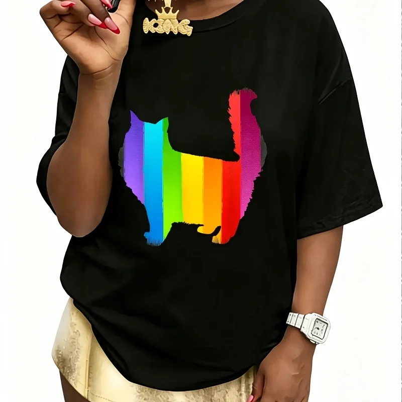 Homatsu Multicolored Rainbow Cat Simple Design Women's 100% Cotton T-Shirt Fun Print Short Sleeve Top Casual Round Neck Tee S-5Xl