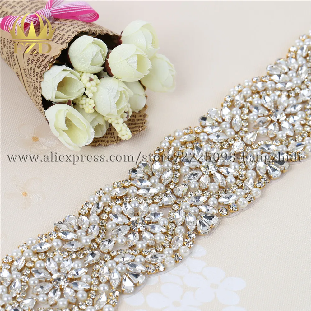 (1 yard) Beaded Hot Fixing Clear Bling Sew on Crystal Beaded Appliques Handmade Trim for Dress Bridal Belt Headbands Garters