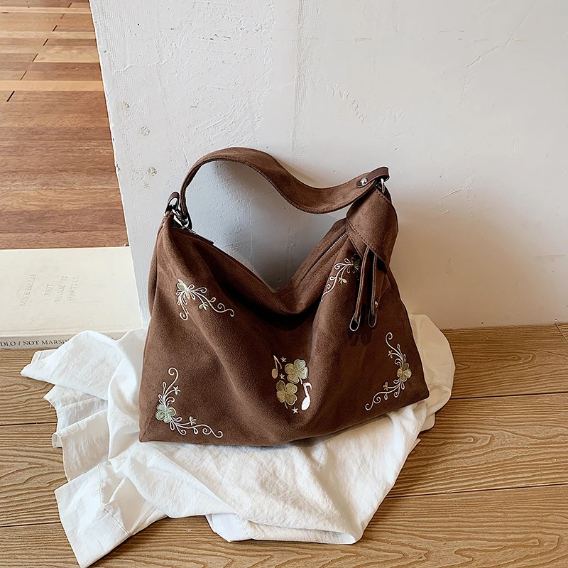 Vintage Suede Hobo Shoulder Bag Floral Music‑note Embroidery Handbag Bow‑knot Strap Large Capacity Casual Daily Crossbody Purse