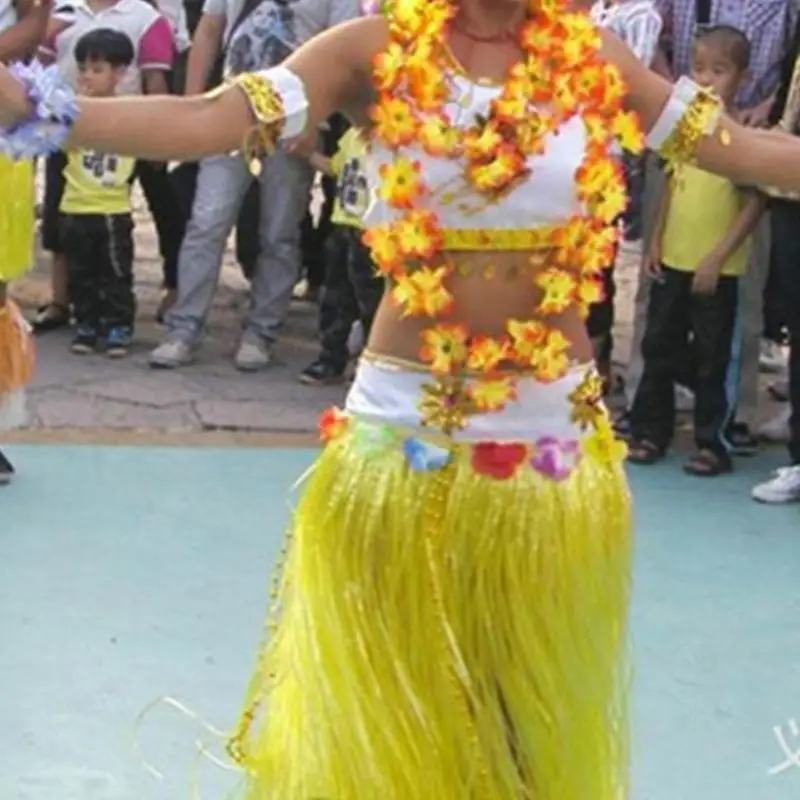 652F 5-teiliges Hawaii-Luaus-Hulas-Grasrock mit Blumenkostüm-Set, Blumenarmbänder, Stirnband, Halskette für Damen und Mädchen
