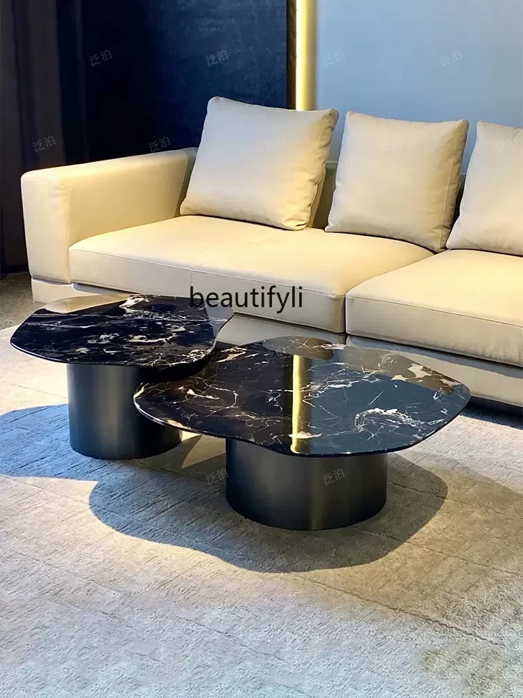 Light Luxury Natural Black Rose Marble Tea Table Special-Shaped Italian Minimalist Stainless Steel Living Room  Tea Table