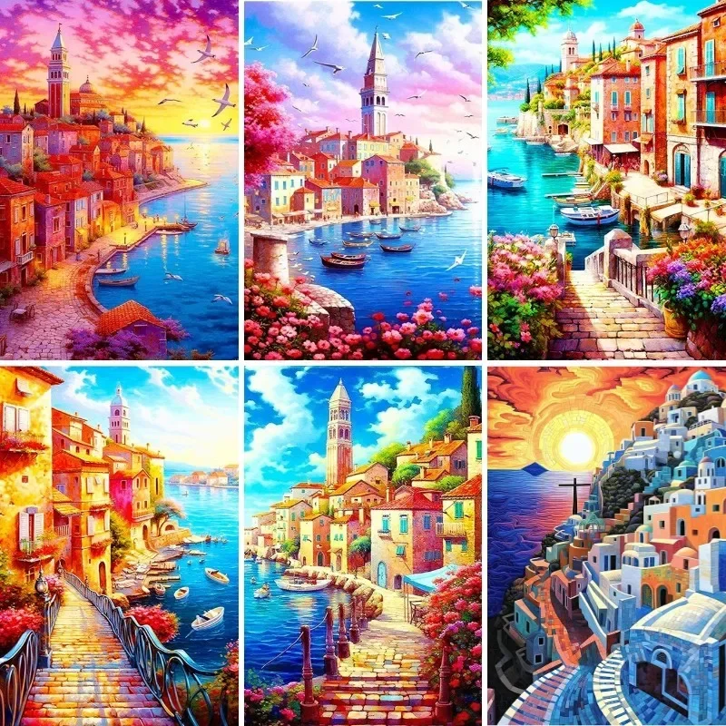 

DIY 5D Diamond Painting Santorini Greece Landscape, Full Drill Paint with Diamonds Art By Number Kits,Capri Italy,French Riviera