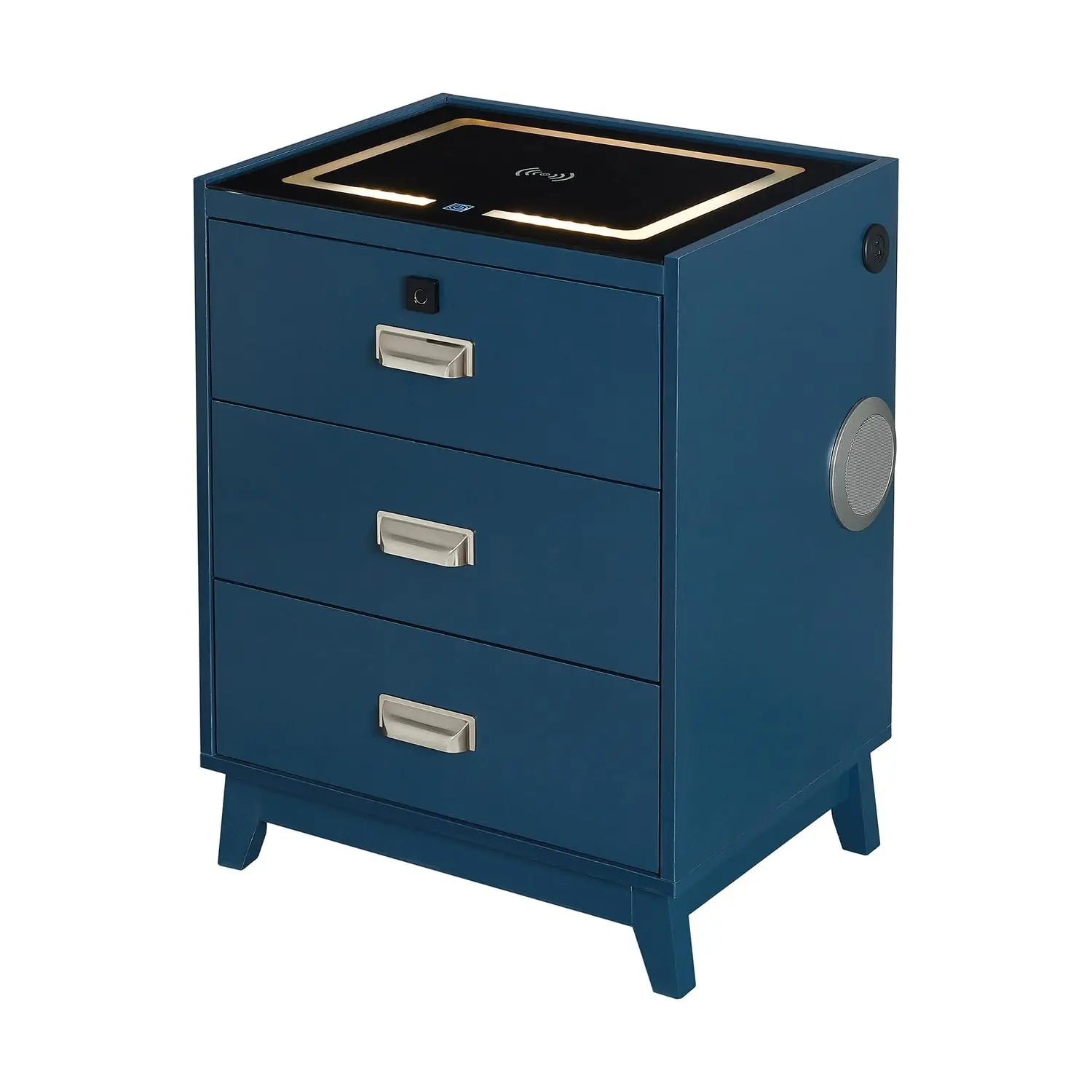 Electronic Blue Nightstand with USB Ports & LED Light for Bedroom, Customized