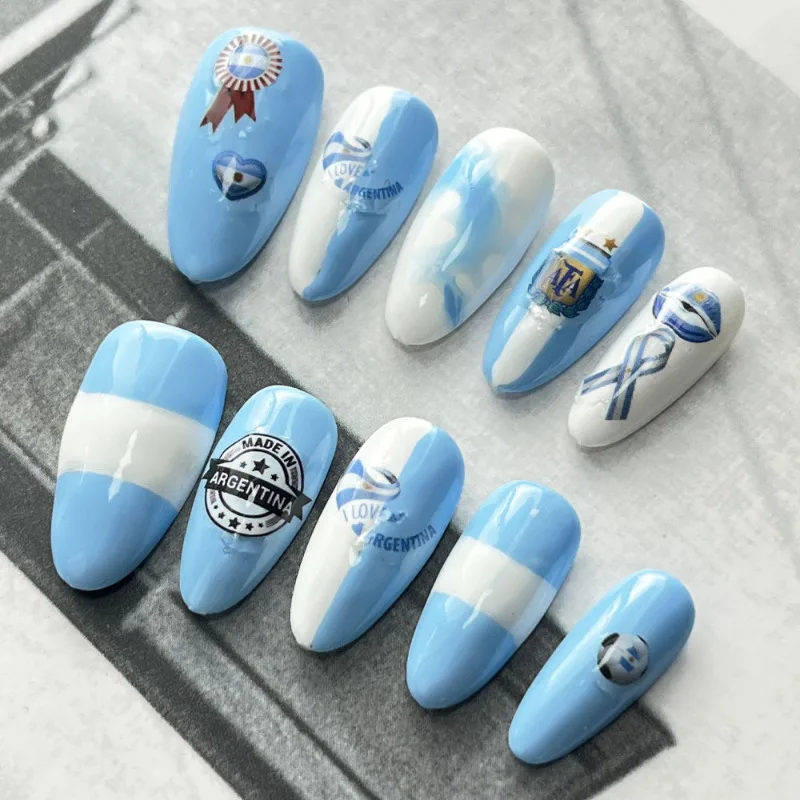 

10pcs High Quality Handmade Press on Nails Almond Blue and white football fan Full Cover Daily Wearable Artificial False Nail