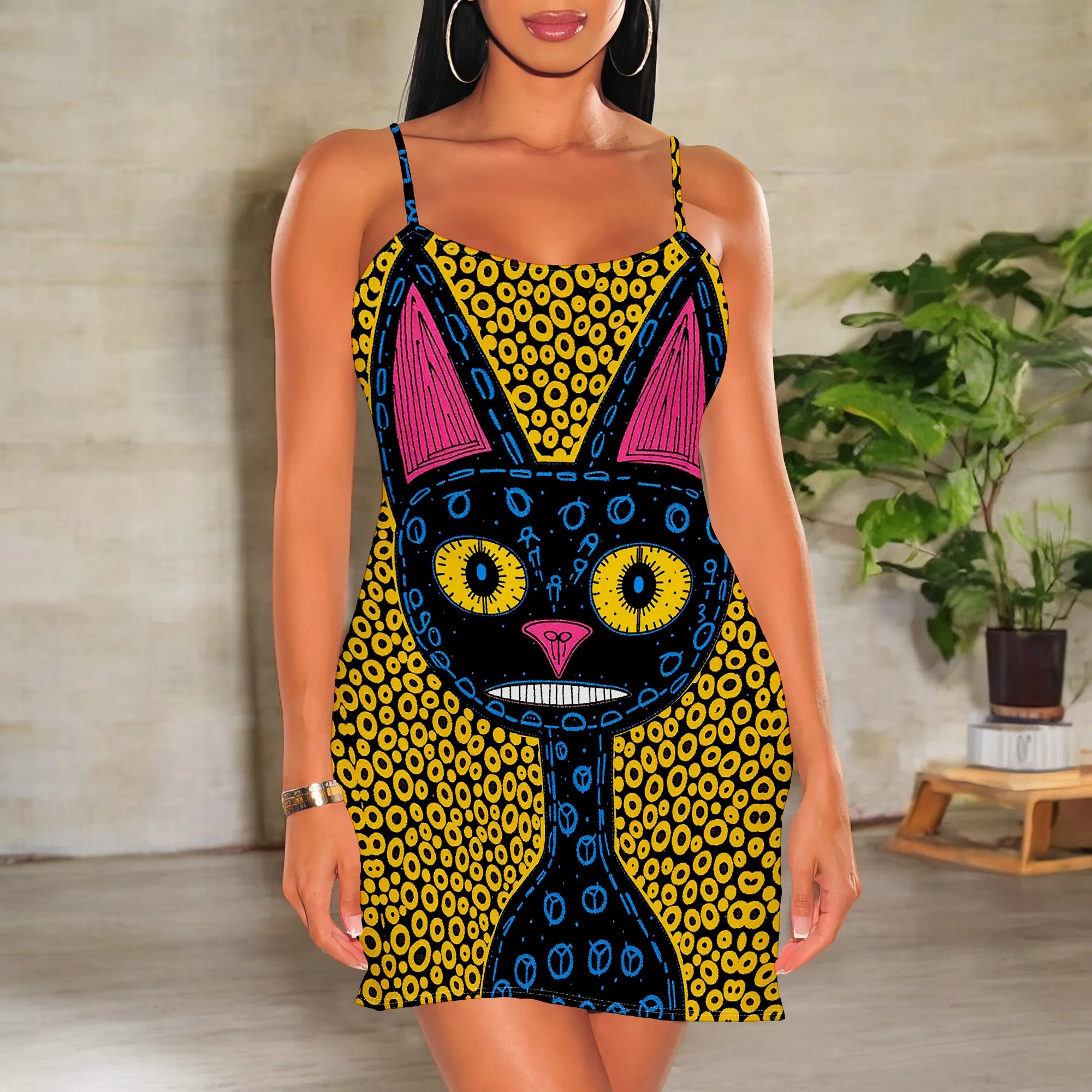 

Women's Abstract Cat Print Mini Dress Sleeveless Spaghetti Strap Sexy Dress for Night Club Party Wear S-3XL