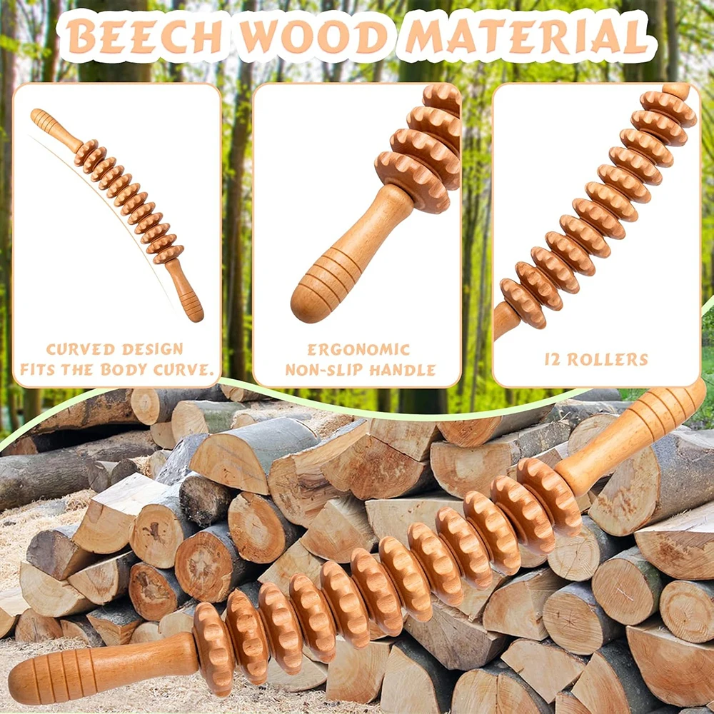 Wooden Roller Massage Stick Handheld Gear Tool 12 Wheel Rolling Tool Bendable Roller Trigger Point Made Of Pure Natural Wood